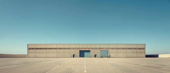 A minimalist industrial building facade with large garage doors and a vast empty parking area under a clear sky, emphasizing simplicity and scale.