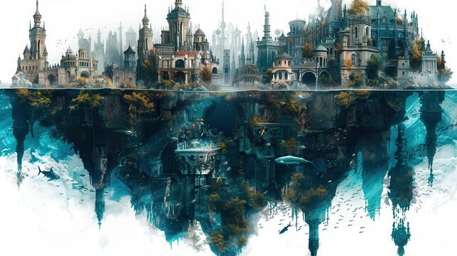 A city of underwater ruins, inhabited by merfolk and sea creatures, in white background