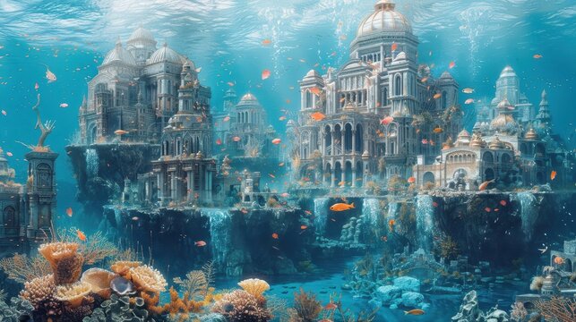 A city of underwater ruins, inhabited by merfolk and sea creatures, in white background