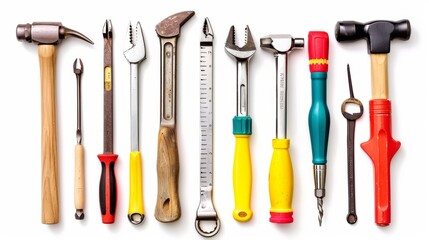 Variety of colorful tools lying on white background representing construction industry and manual work