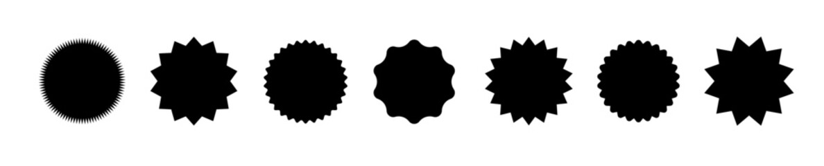 Starburst speech bubbles. Starburst, black price sticker sunburst icons. Black Sunburst. Flat vintage price tag stickers. Vector
