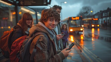 Fototapeta premium A cinematic photo of teenagers with backpacks waiting at the bus stop 