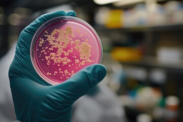 Lab Technician Observing Petri Dish with Bacterial Growth