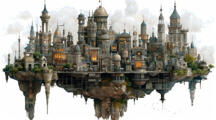 A steampunk city powered by magic and alchemy, in white background