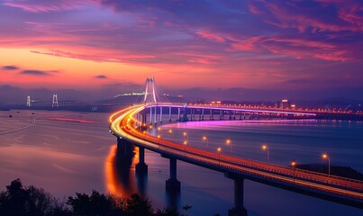 A bridge that stretches over the ocean with light beams from the side