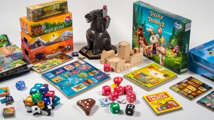Vibrant tabletop games and pieces displayed on a clean white background, highlighting the joy and fun of board gaming