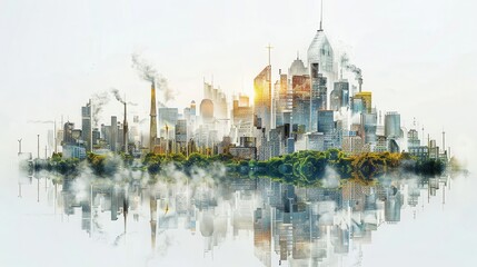 A city of underwater ruins, inhabited by merfolk and sea creatures, in white background