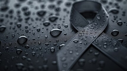 Black Ribbon with Water Droplets on Dark Background for Awareness or Remembrance