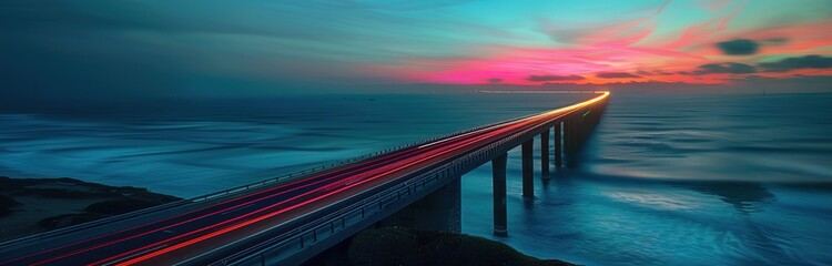 A bridge with lights on that stretches over the ocean with beams of light from the side