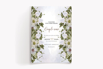 WEDDING INVITATION FRAME WITH FLOWER DECORATIONS AND FRESH LEAVES