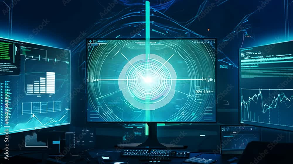 Poster three computer monitors displaying data and graphs in a dark office