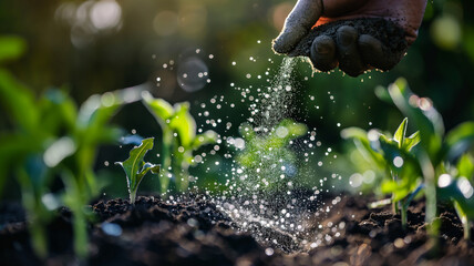 Farmer's hand apply fertilizer to young corn.Generative Ai.
