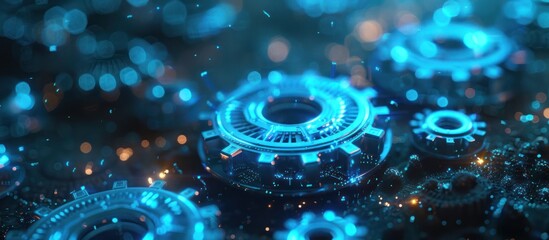 Glowing Blue Gears in a Digital Landscape