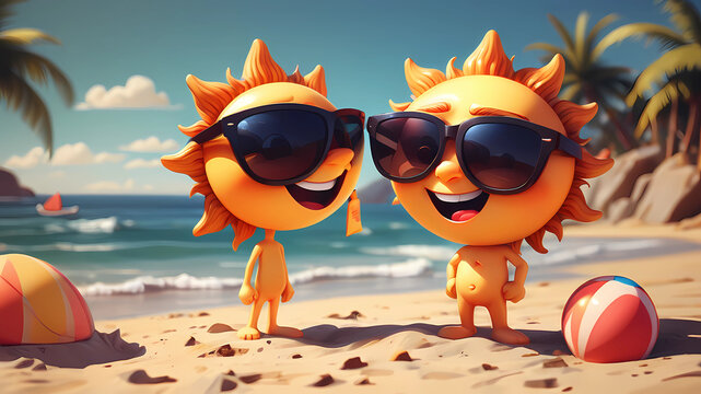 the sun in the sunglass stay on the beach; cartoon character; tranding digital painting;