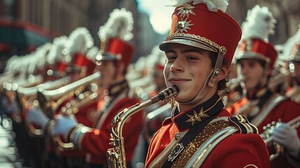 A marching band in uniform playing through the streets  