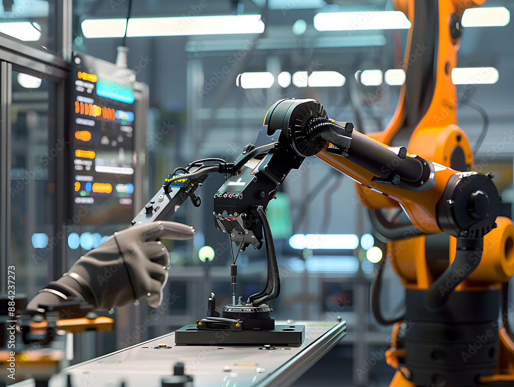 Poster remote operator directs robotic arm using joystick control in a high-tech manufacturing environment.