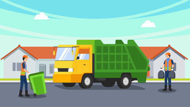 Cartoon street cleaners working at road. City landscape with janitors or sweepers gathering trash into bags and garbage bin flat vector illustration. Cleaning service concept 