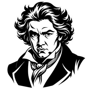 Black and white drawing of Beethoven with facial features and posture