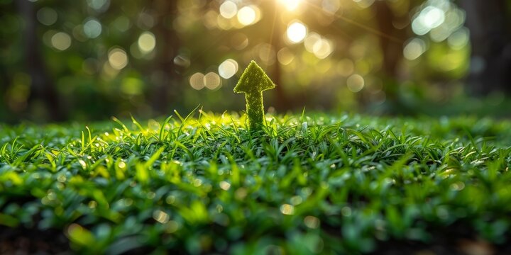 Green arrow pointing upwards in a lush green grassy field with sunlight in the background