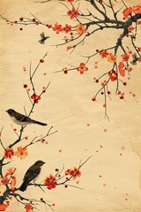 11. Elegant floral border with intricate details and birds perched on branches. High resolution, very detailed, Isolated on pastel background