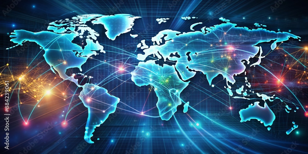 Poster vibrant digital world map with pulsing circuits and glowing connections, symbolizing global network,