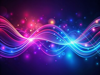 Fototapeta premium Vibrant neon glowing lines and bokeh lights undulate across a dark purple backdrop, evoking futuristic waves in a mesmerizing digital illustration of blue and pink hues.