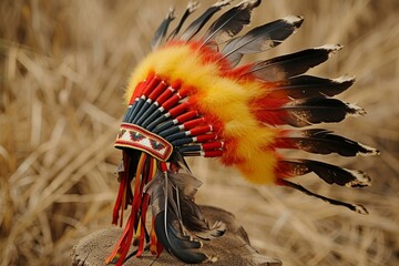 Ornate Bird feather headdress. Native face. Generate Ai