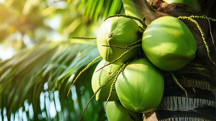Close-up of green coconuts on palm tree.
