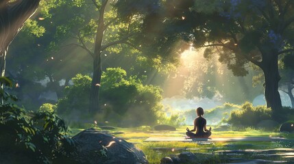 A person is sitting in a field of grass and trees. Anime lofi background, anime lofi album cover