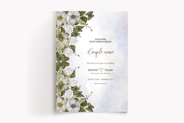 WEDDING INVITATION FRAME WITH FLOWER DECORATIONS AND FRESH LEAVES
