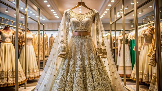 Luxurious white and gold bridal lehenga on a hanger against a lavish shop backdrop, exuding opulence and elegance, perfect for a traditional Indian wedding ceremony.