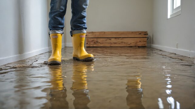 person standing flooded room is wearing blue jeans