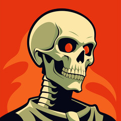 A skeleton with red eyes and a tie stands out against a red backdrop