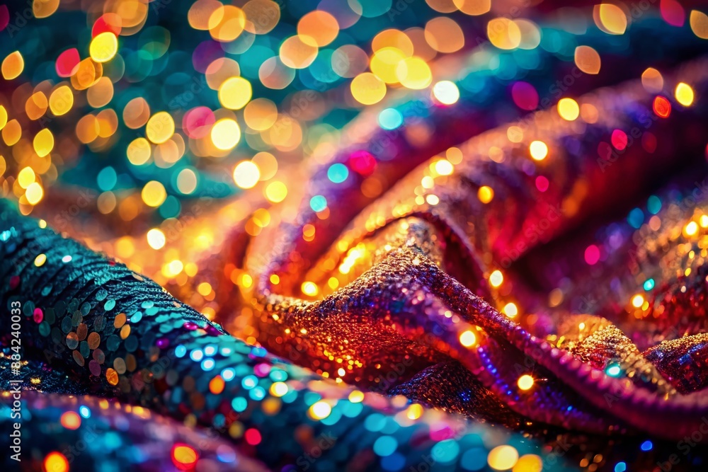 Poster vibrant bokeh lights dance across a luxurious sequined fabric, creating a mesmerizing display of col