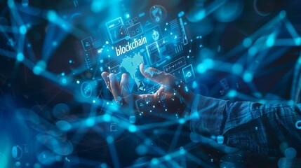 Here's an image of a businessman holding the word "blockchain" in his hand, with a background featuring digital network connections and money icons. Generative AI