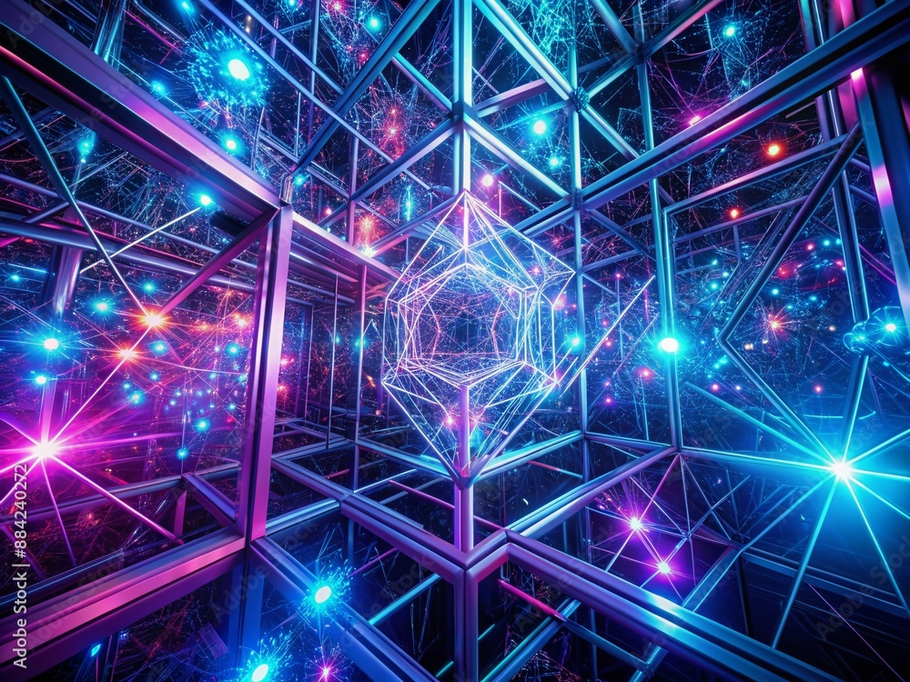 Poster vibrant neon lines weave intricate patterns in dark space, showcasing sharp, futuristic molecular st