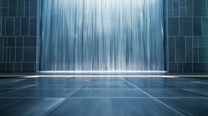 A sleek, indoor waterfall with a modern design, symbolizing the flow of time and rejuvenation, continuous and serene, upper third copy space