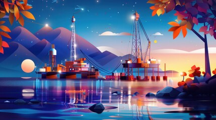 Oil exploration team, remote area, flat design illustration 