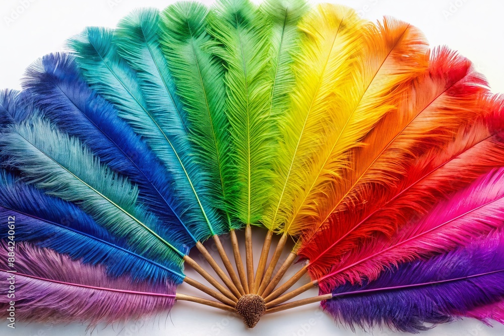 Poster Vibrant colors palette fan with ostrich feather texture unfolds from a central point, creating a mesmerizing circular pattern with ample copy space on white background.