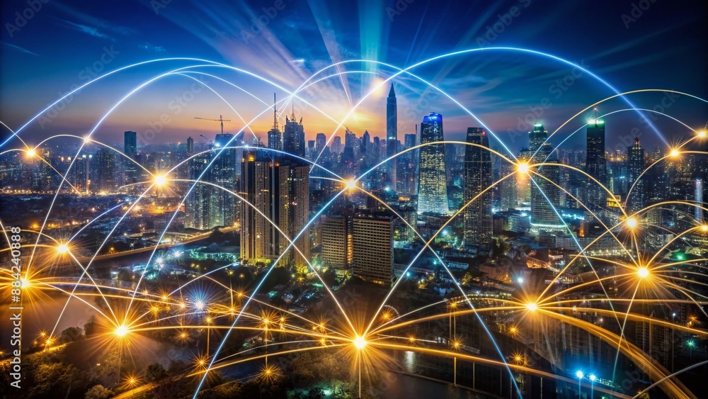Aufkleber global network of interconnected glowing lines and nodes illuminates a dark cityscape, symbolizing a