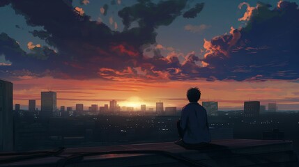 A man is sitting on a ledge overlooking a city at sunset. Anime background, anime wallpaper