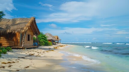 A cluster of rustic wooden huts with straw roofs, positioned on a sandy beach against a backdrop of gentle waves, providing cozy accommodations for beachgoers.