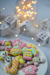 Marshmallow for winter ugly sweaters party. Christmas sweet candy food. Dessert treat.