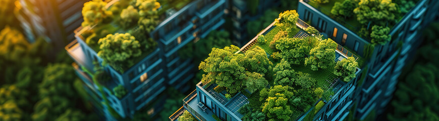  Several apartments with gardens and trees growing on the rooftop and surroundings