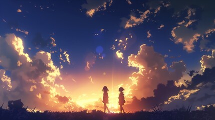 Obraz premium Two girls walking in the sky with a sunset in the background. Anime background, anime wallpaper