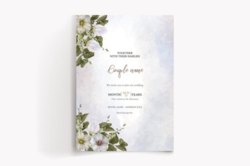 WEDDING INVITATION FRAME WITH FLOWER DECORATIONS AND FRESH LEAVES