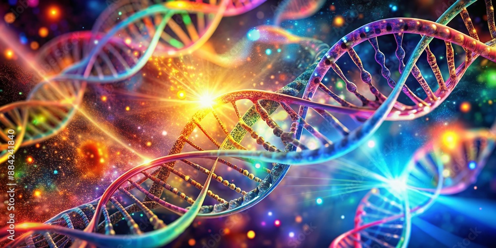 Poster vibrant colorful abstract background with swirling double helix dna structures, molecular patterns, 