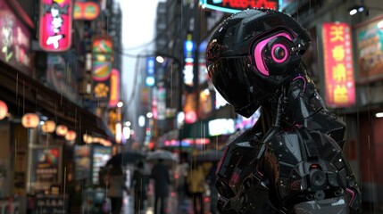 Fototapeta premium Cyberpunk Rainy Street with Futuristic Robot in Neon Cityscape
