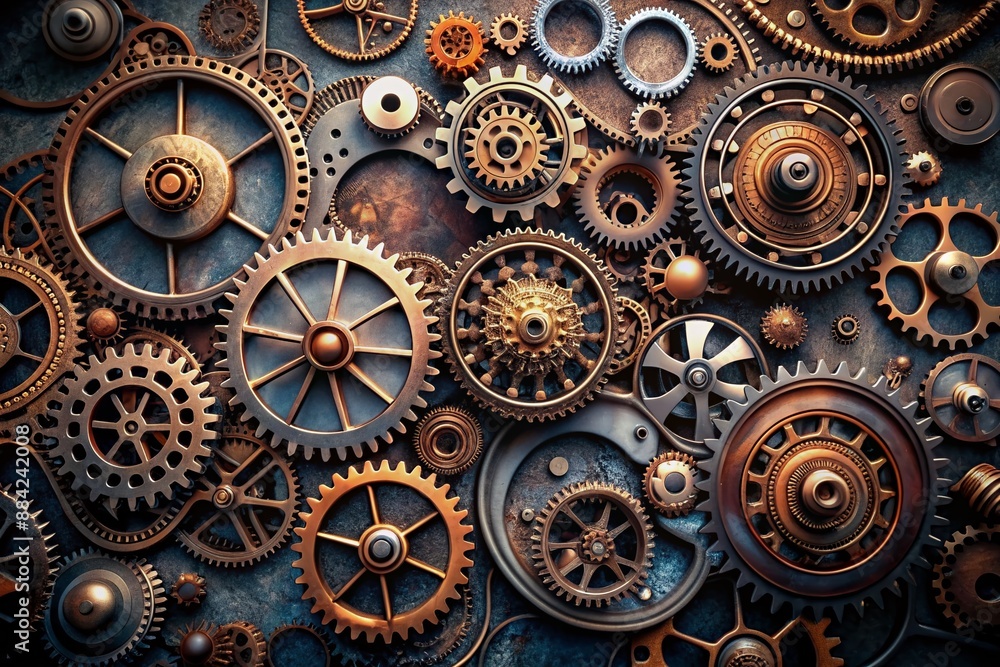 Poster intricate steampunk gears and wheel mechanisms in detailed technical texture on a dark grey backgrou