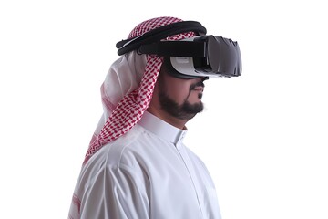 Saudi Gulf Arab man wearing a traditional white thobe and red shemagh, use VR virtual reality games on white background.